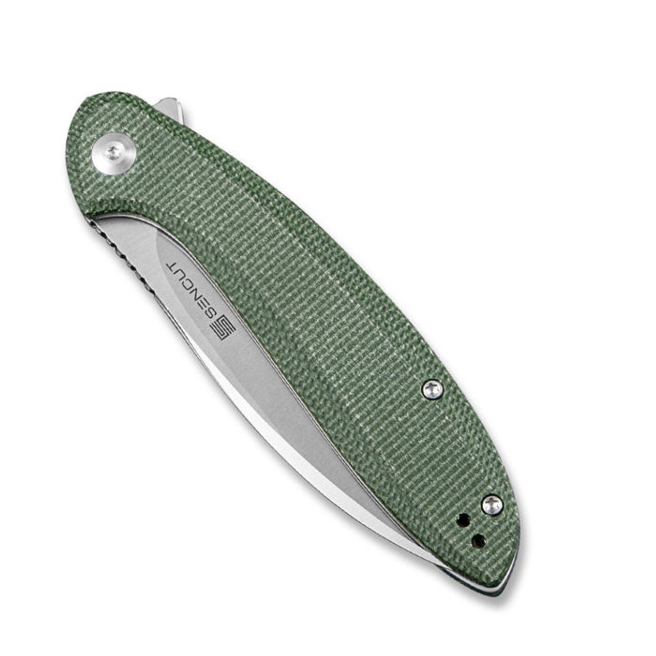 Sencut San Angelo Flipper Knife (S21003-3) 3.48" Satin 9Cr18MoV Drop Point Plain Blade, Green Micarta Handle