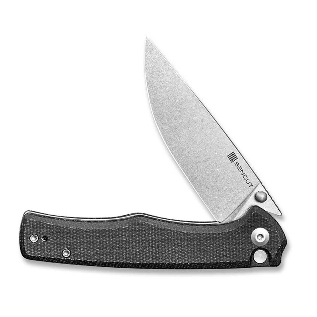 Sencut Crowley Flipper/Button Lock Knife (S21012-2) 3.48" Stonewashed D2 Drop Point Plain Blade, Black Micarta Handle