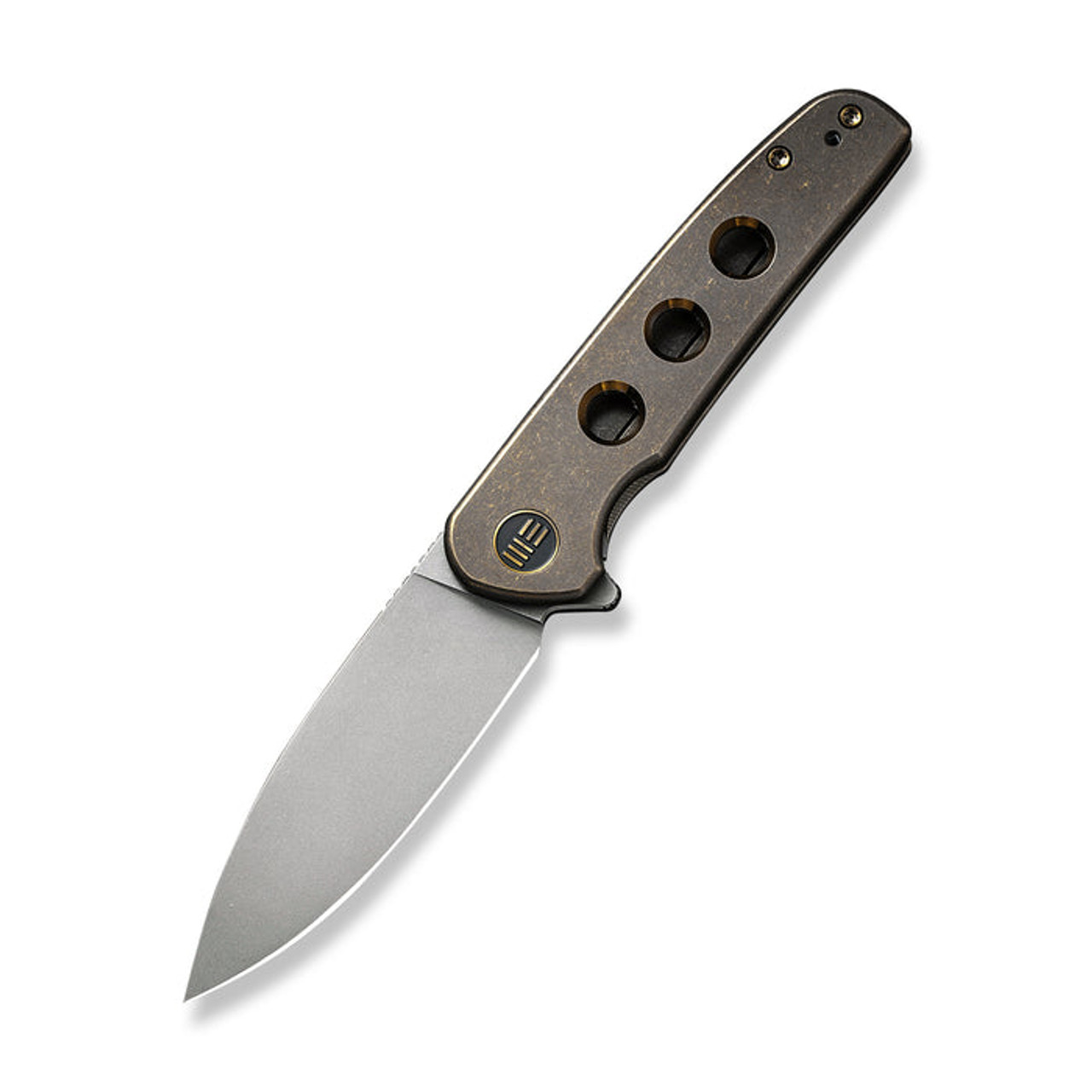 We Knife Shakan Flipper Knife (WE20052B-2) 2.97" CPM-20CV Gray Stonewashed Drop Point Plain Blade,  Bronze and Golden Titanium Handle With Holes