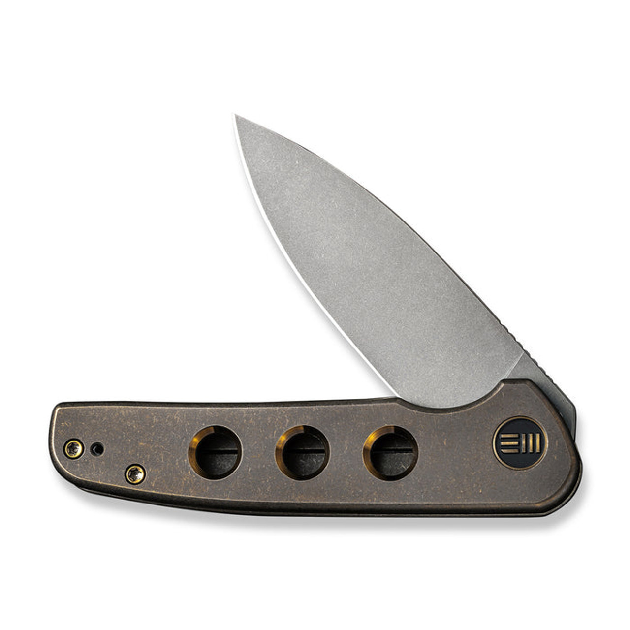 We Knife Shakan Flipper Knife (WE20052B-2) 2.97" CPM-20CV Gray Stonewashed Drop Point Plain Blade,  Bronze and Golden Titanium Handle With Holes