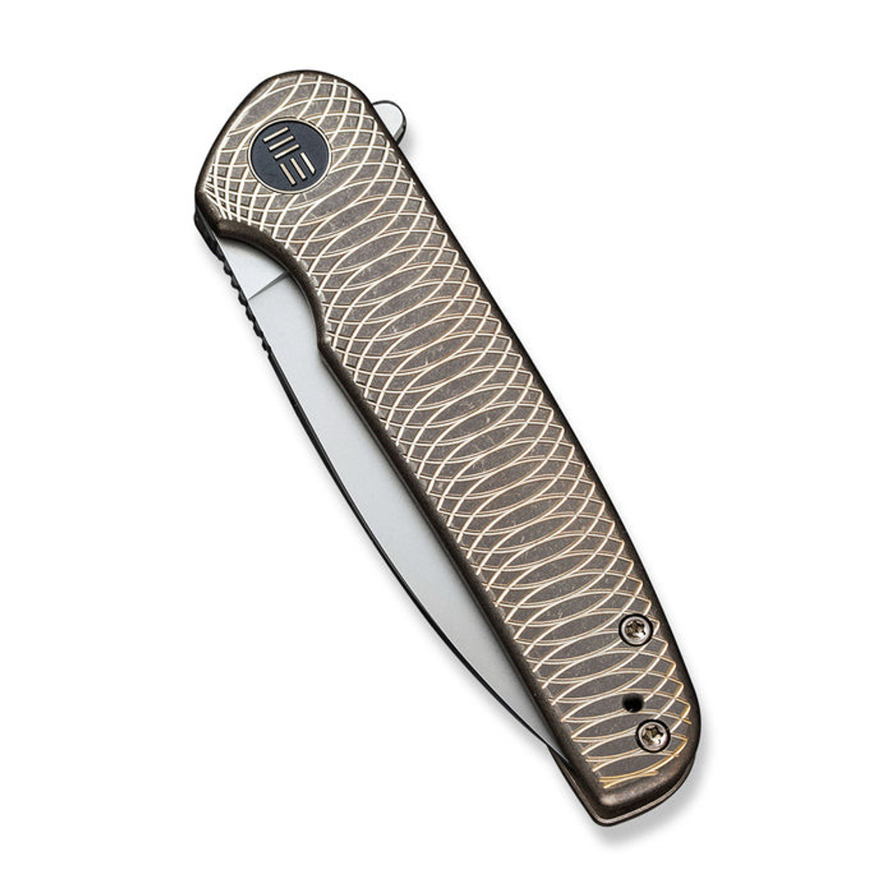 We Knife Shakan Flipper Knife (WE20052C-1) 2.97" CPM-20CV Silver Bead Blasted Drop Point Plain Blade, Bronze and Golden Patterned Titanium Handle