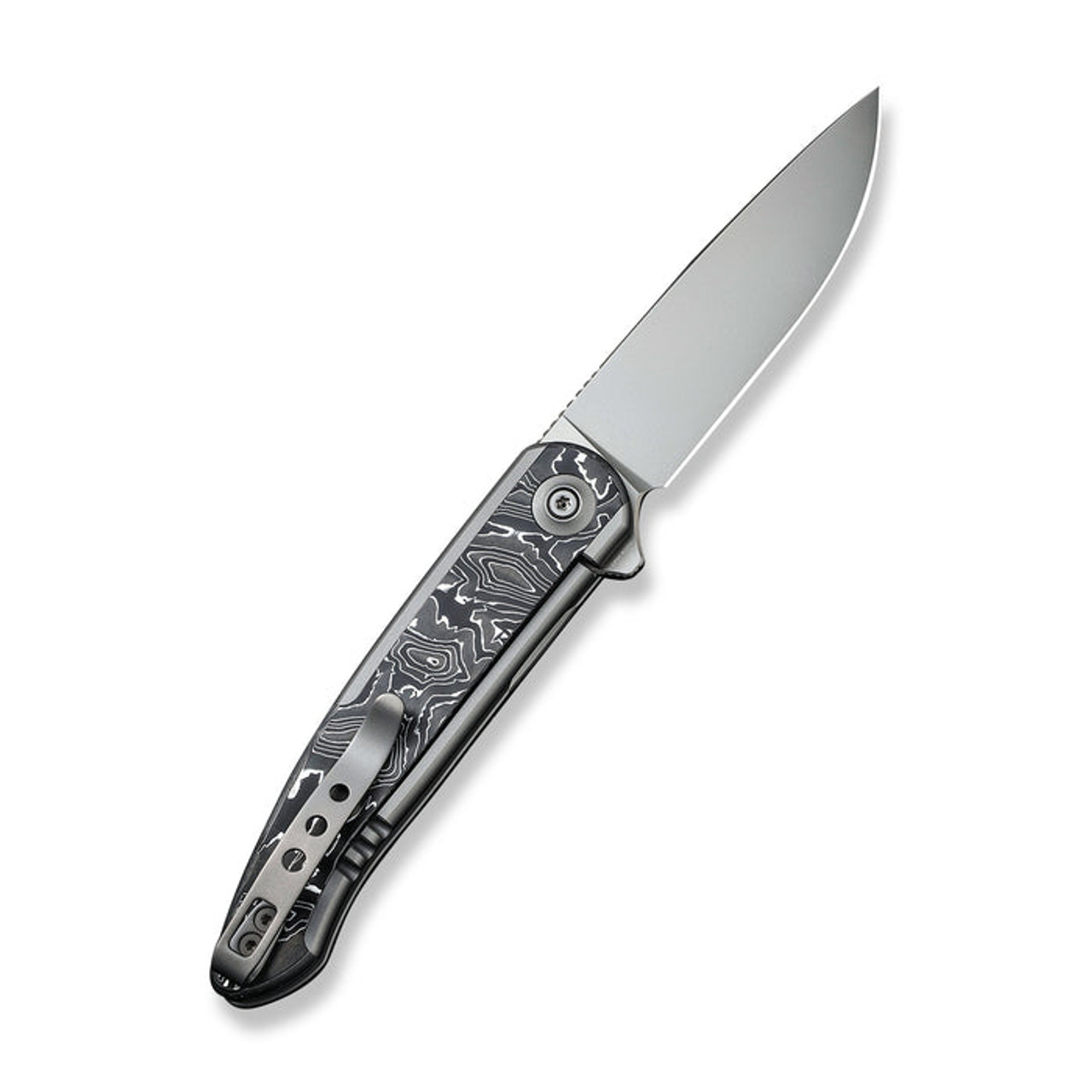 We Knife Smooth Sentinel Flipper Knife (WE20043-5) 2.97" CPM-20CV Silver Bead Blasted Drop Point Plain Blade, Gray Titanium Handle With Aluminum Carbon Fiber Inlay