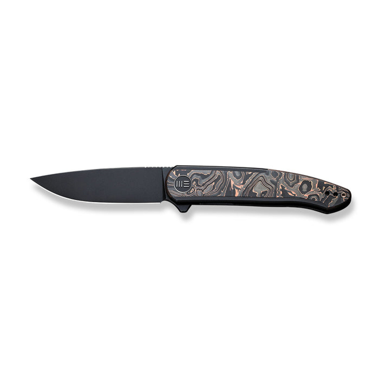 We Knife Smooth Sentinel Flipper Knife (WE20043-6) 2.97" CPM-20CV Black Stonewashed Drop Point Plain Blade, Black Titanium With Copper Foil Carbon Fiber Inlay