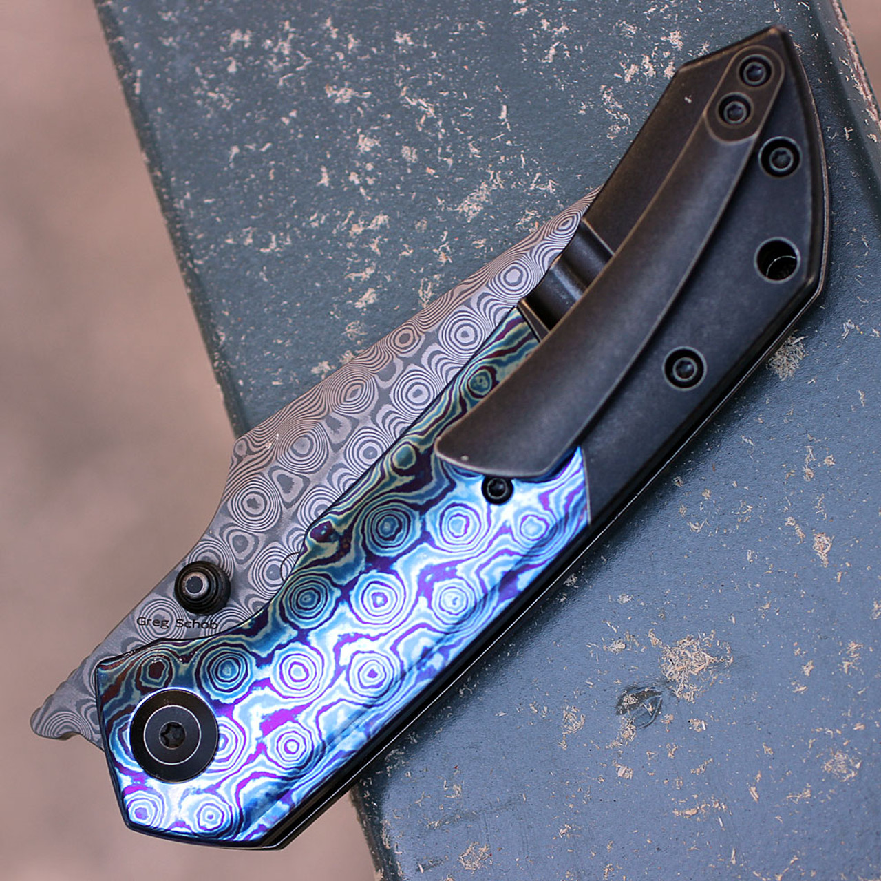 Kansept Fenrir Folding Knife (K1034A8) - 3.4" Damascus Harpoon Plain Blade, Blue and Black Timascus Handle