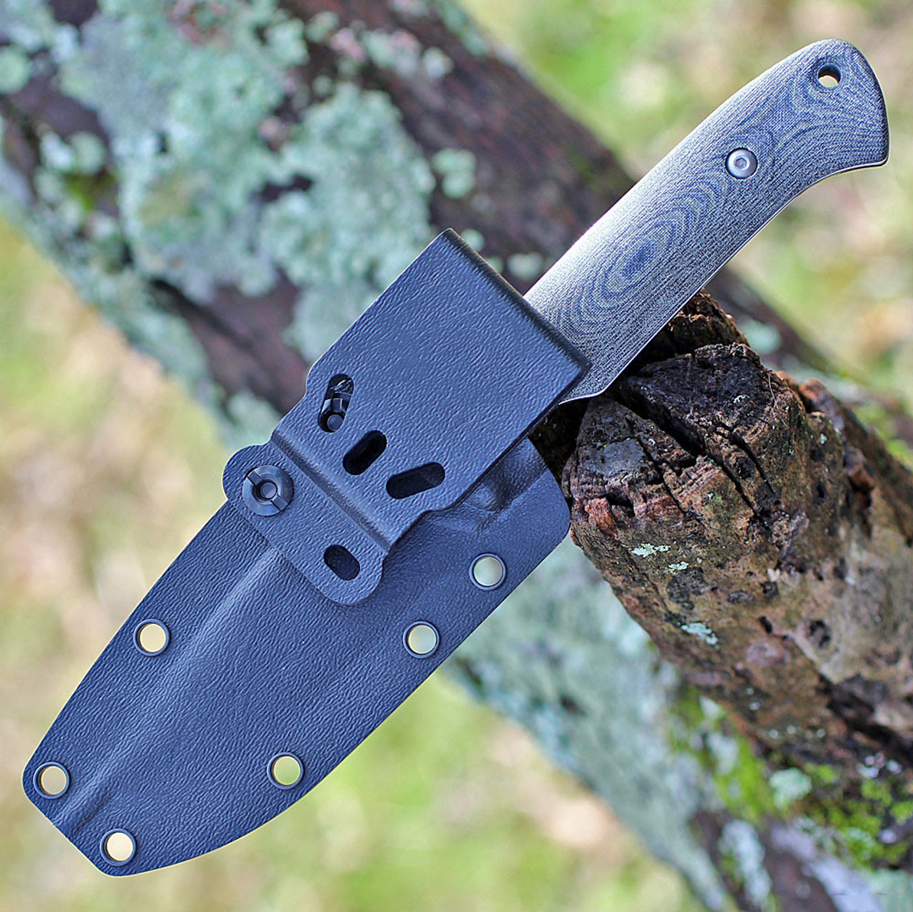 White River Hunter Fixed Blade Knife (WRHNT-LBO)- 3.5in CPM-S35VN Satin Drop Point Plain Blade, Black and Olive Drab Linen Micarta Handle - Kydex Sheath