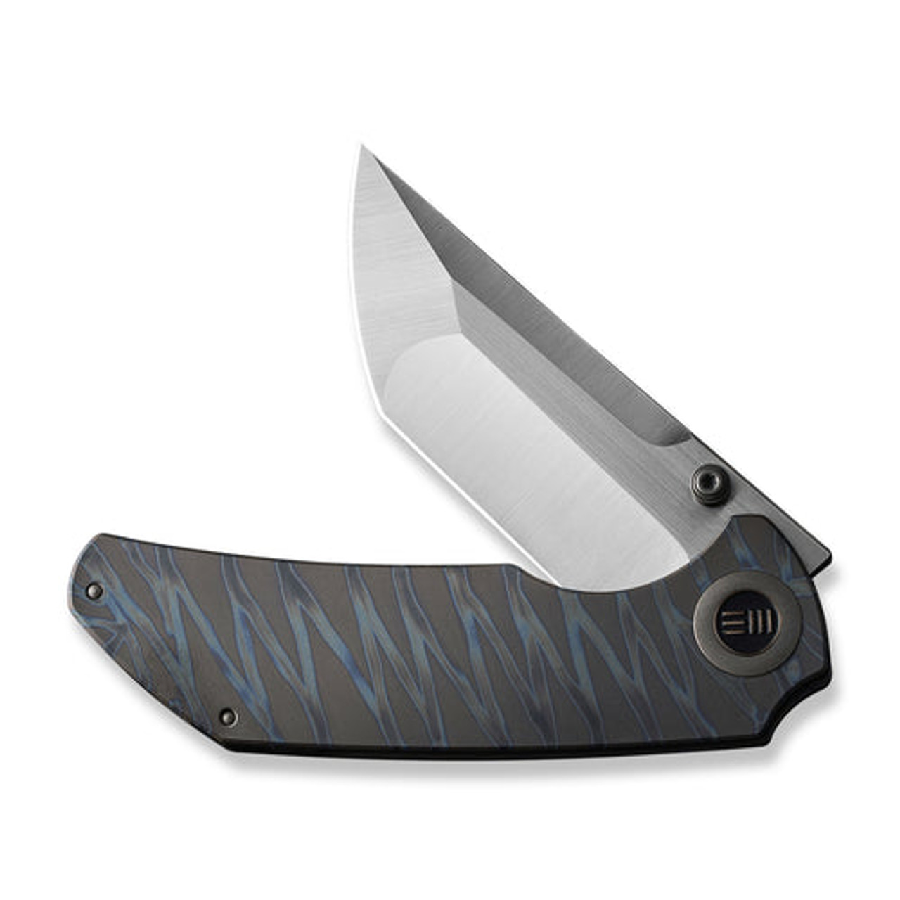 We Knife Thug XL Thumb Stud Knife (WE20028D-2) 3.35" CPM-20CV Hand Polished Satin Tanto Plain Blade, Tiger Stripe Pattern Flamed Titanium Handle