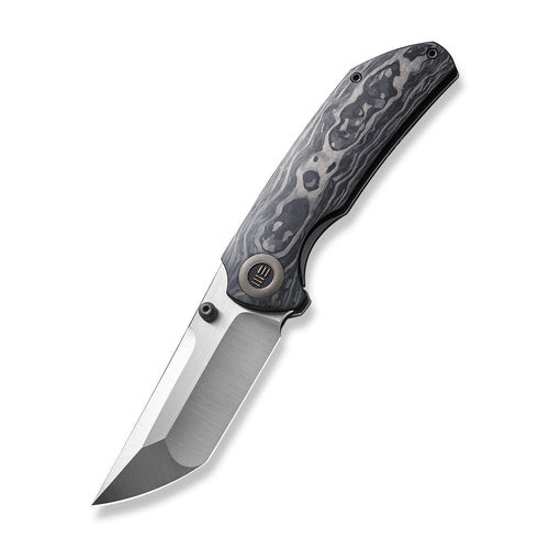 We Knife Thug XL Thumb Stud Knife (WE20028E-1) 3.35" CPM-20CV Hand Polished Satin Tanto Plain Blade, Shredded Carbon Fiber Presentation Handle With Gray Hand Rubbed Titanium Lock Side Handle