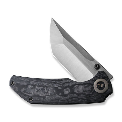 We Knife Thug XL Thumb Stud Knife (WE20028E-1) 3.35" CPM-20CV Hand Polished Satin Tanto Plain Blade, Shredded Carbon Fiber Presentation Handle With Gray Hand Rubbed Titanium Lock Side Handle