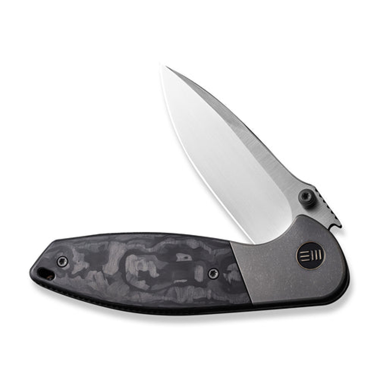 We Knife Nitro Mini Flipper & Thumb Stud Knife (WE22015-1) 3.13" CPM-20CV Hand Rubbed Satin Drop Point Plain Blade, Gray Titanium Handle With Marble Carbon Fiber Inlay Handle