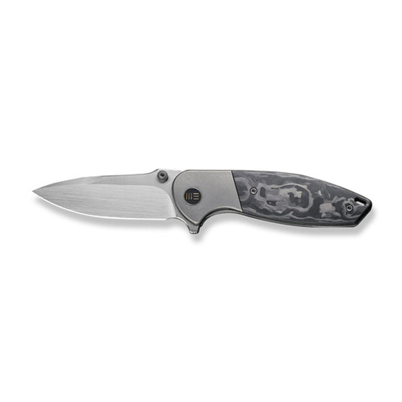 We Knife Nitro Mini Flipper & Thumb Stud Knife (WE22015-1) 3.13" CPM-20CV Hand Rubbed Satin Drop Point Plain Blade, Gray Titanium Handle With Marble Carbon Fiber Inlay Handle