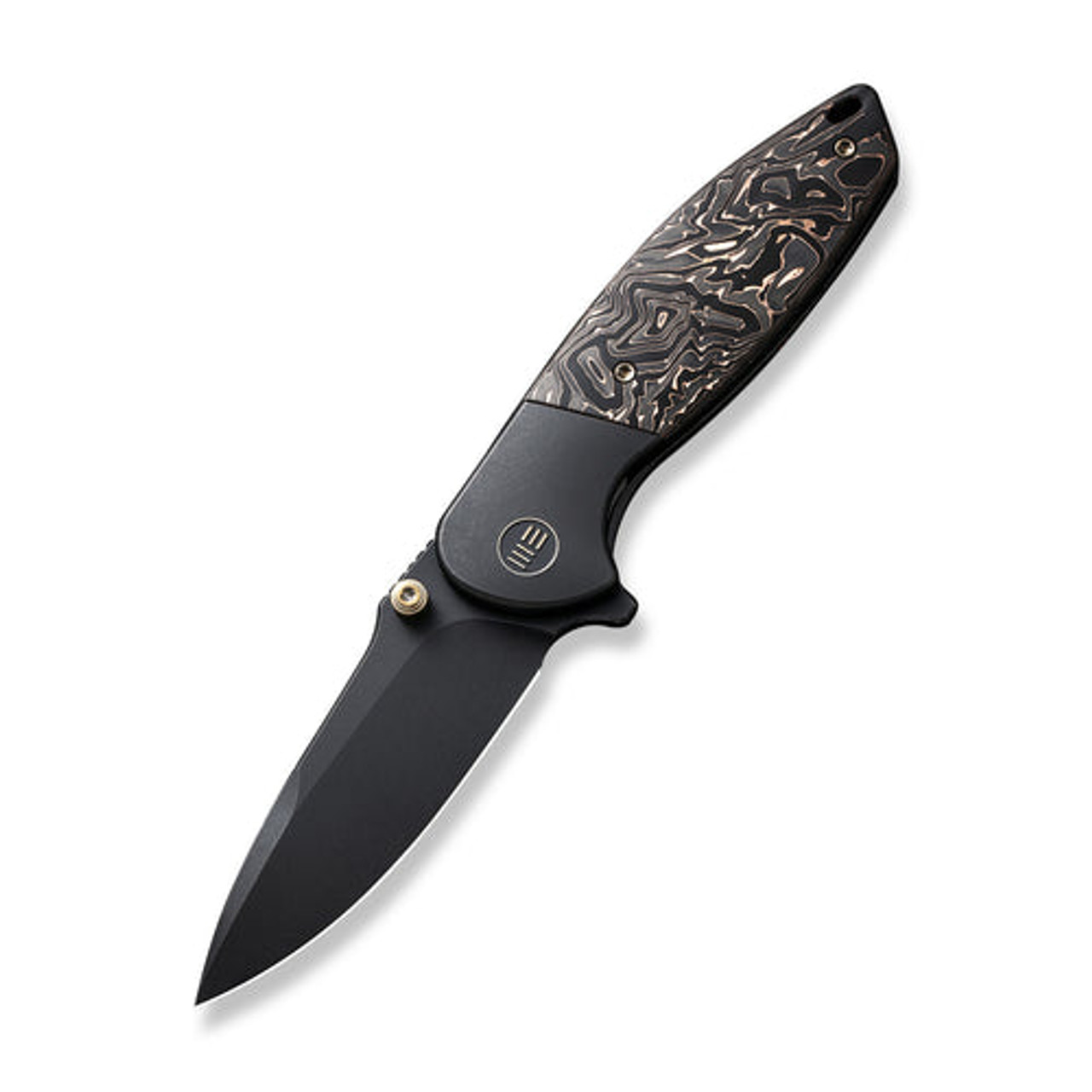 We Knife Nitro Mini Flipper & Thumb Stud Knife (WE22015-2) 3.13" CPM-20CV Black Stonewashed Drop Point Plain Blade, Black Titanium Handle With Copper Foil Carbon Fiber Inlay