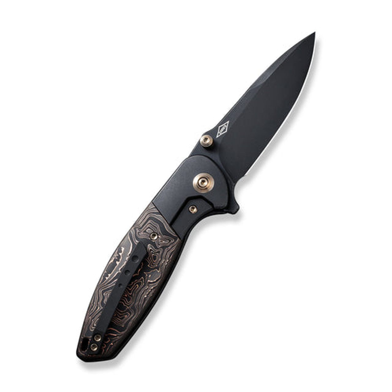 We Knife Nitro Mini Flipper & Thumb Stud Knife (WE22015-2) 3.13" CPM-20CV Black Stonewashed Drop Point Plain Blade, Black Titanium Handle With Copper Foil Carbon Fiber Inlay