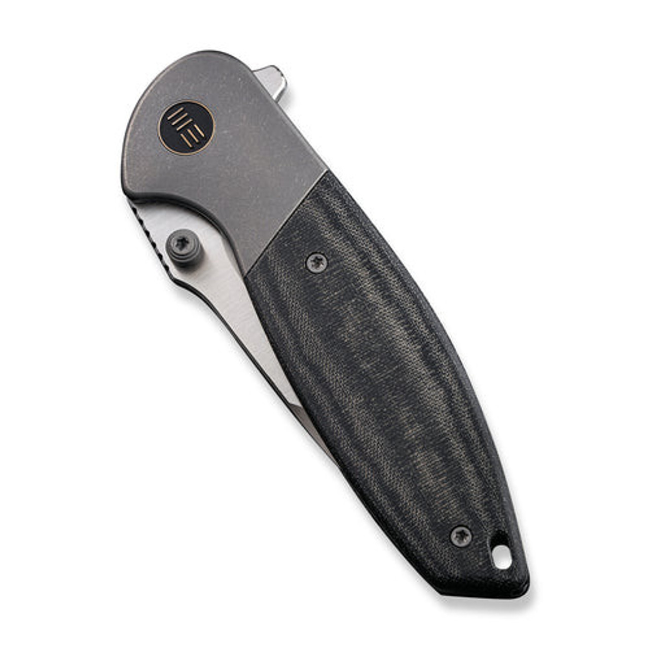 We Knife Nitro Mini Flipper & Thumb Stud Knife (WE22015-3) 3.13" CPM-20CV Hand Rubbed Satin Drop Point Plain Blade, Gray Titanium With Black Linen Micarta Inlay Handle