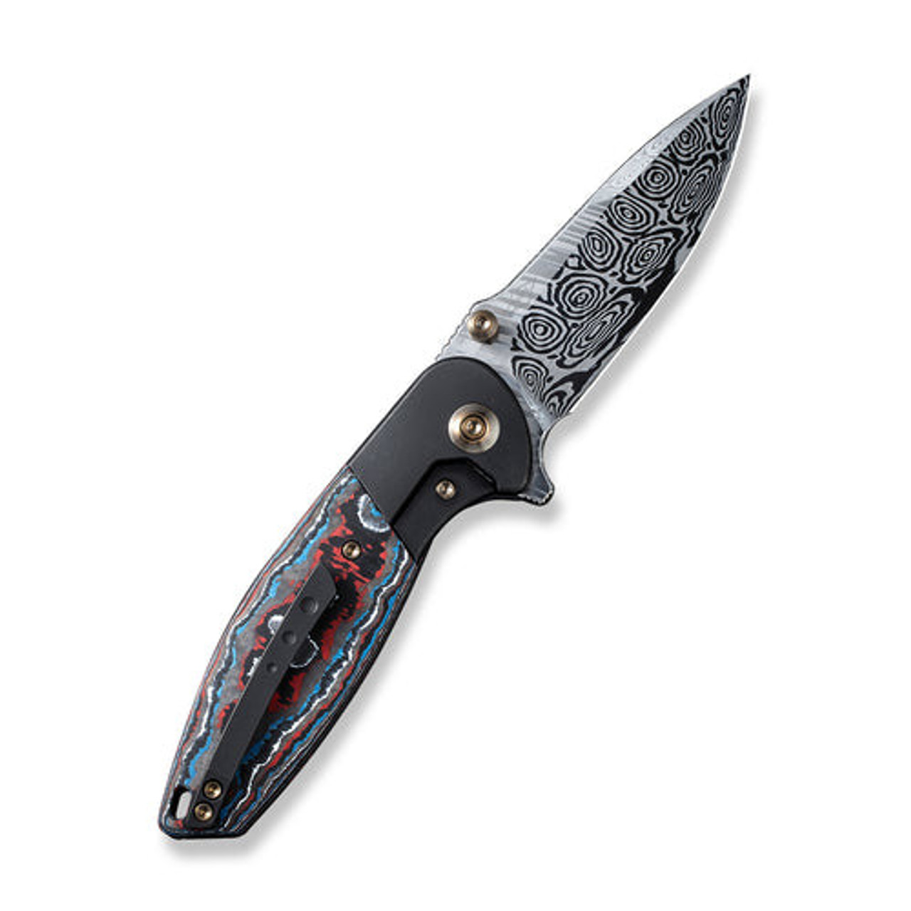 We Knife Nitro Mini Flipper & Thumb Stud Knife (WE22015-DS1) 3.13" Heimskringla Damascus Drop Point Plain Blade, Black Titanium Handle With Nebula Fat Carbon Fiber Inlay