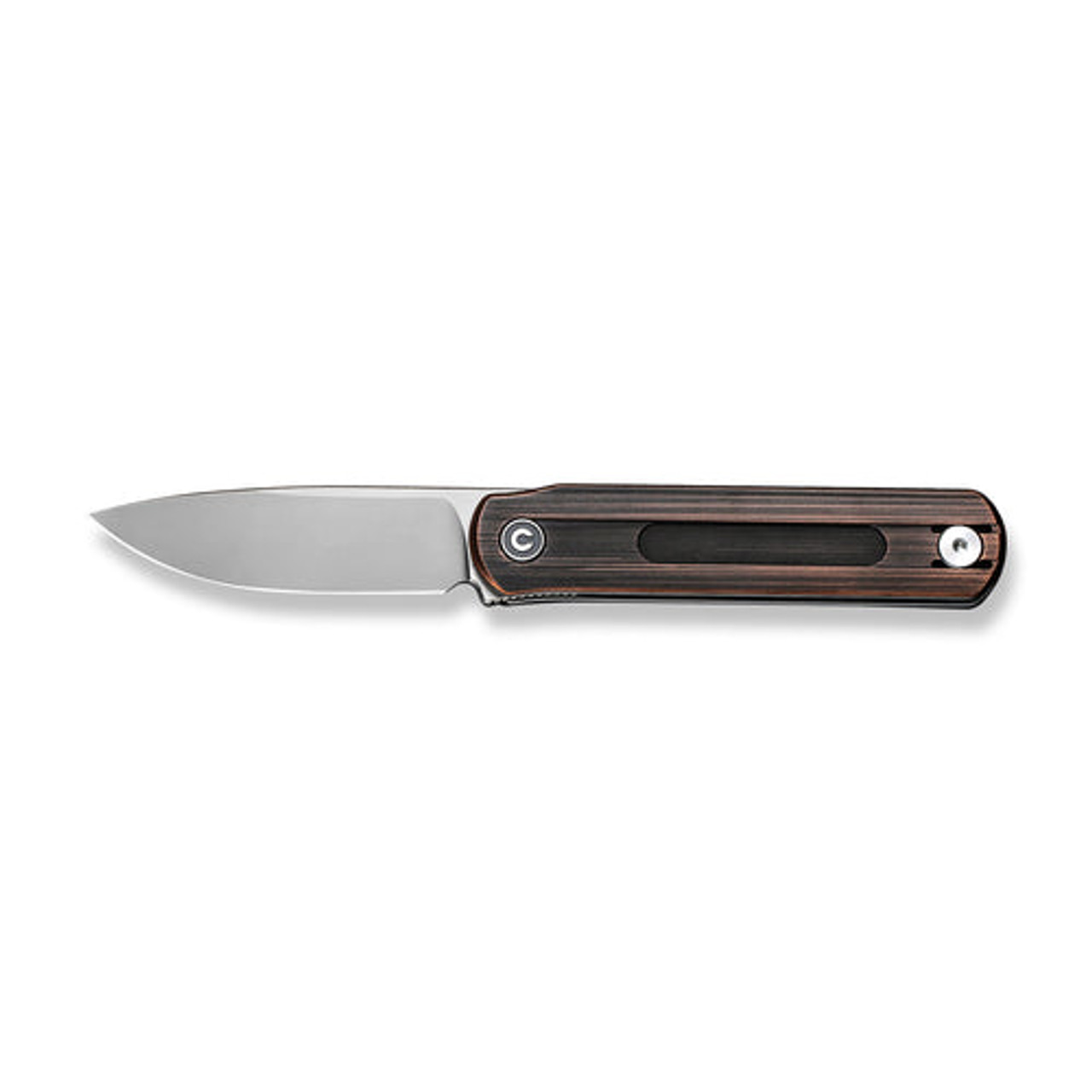 CIVIVI Foldis Front Flipper Knife (C21044-1) 2.67" Silver Bead Blasted Nitro-V Drop Point Plain Blade, Black Hand Rubbed Copper Handle