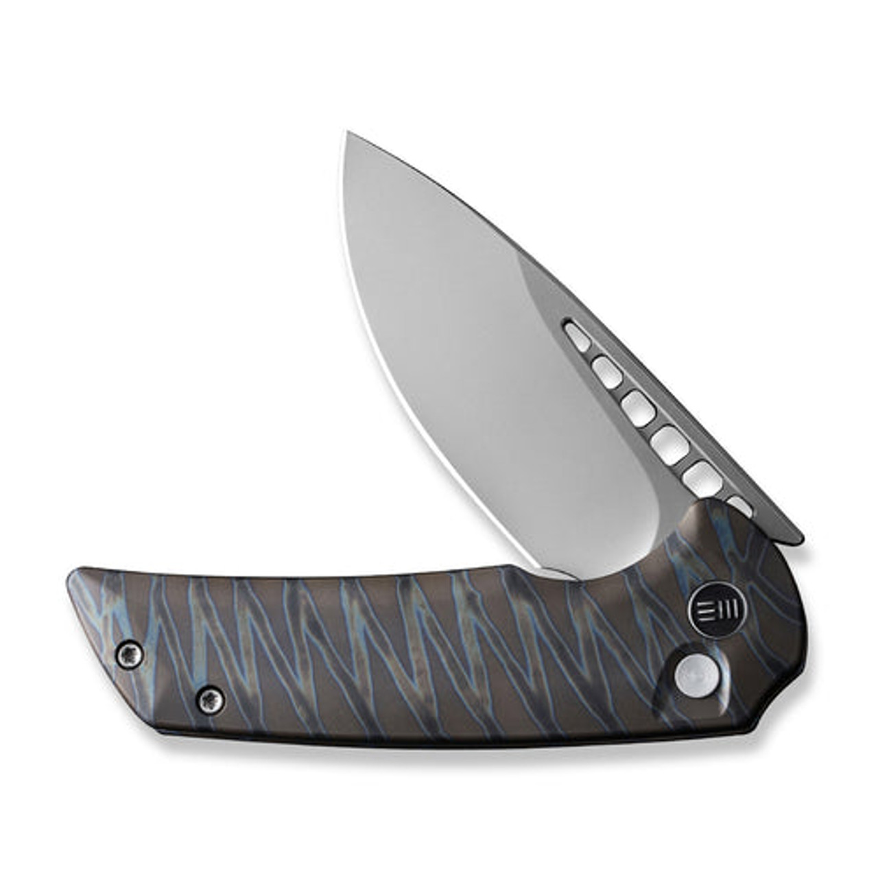 We Knife Mini Malice Button Lock Knife (WE054BL-6) 2.98" Silver Bead Blasted CPM-20CV Drop Point Plain Blade, Tiger Stripe Pattern Flamed Titanium Handle