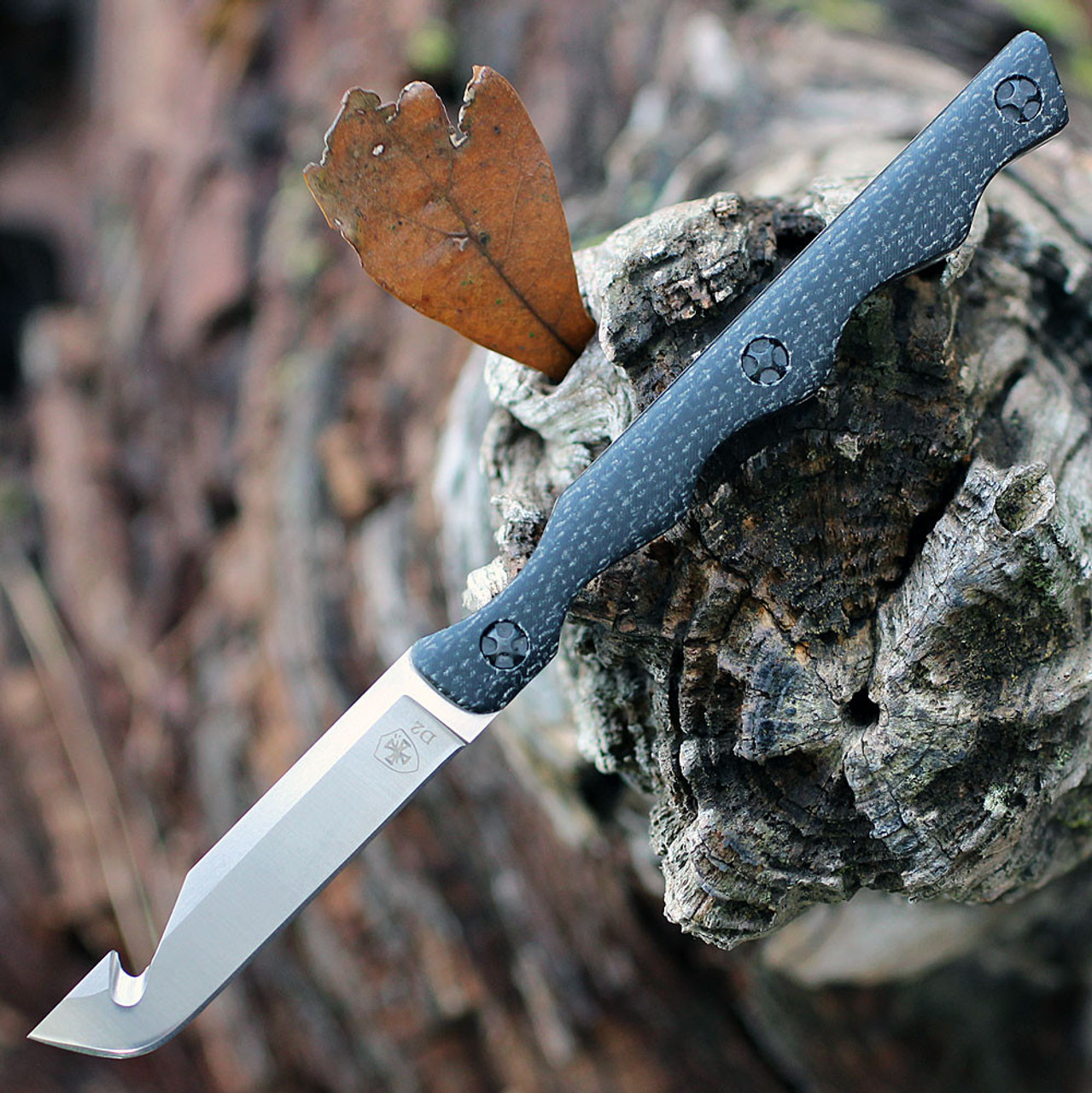 Templar Fixed Blade Neck Knife (N-TKB-32-2) 2.46" D2 Satin Drop Point and Gut Hook Plain Blade, Black Micarta Handle