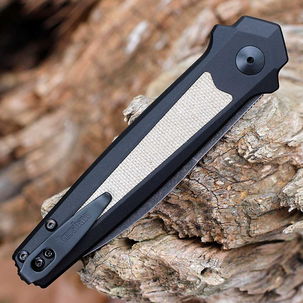 Rear view of the Kershaw Launch 15 showing the tan micarta backspacer and reversible deep-carry clip.