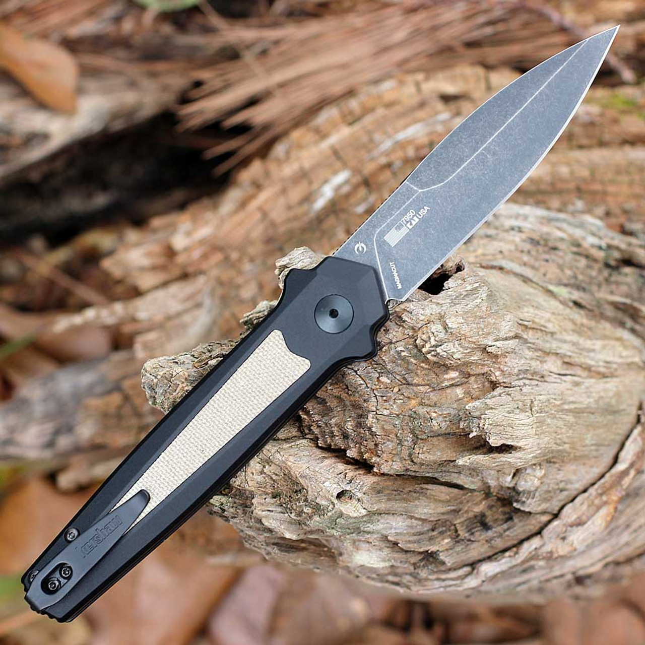 Kershaw Launch 15 Auto (7950) 3.5" CPM-MagnaCut Blackwashed Spear Point Plain Blade, Black Aluminum Handle w/ Tan Micarta Inserts