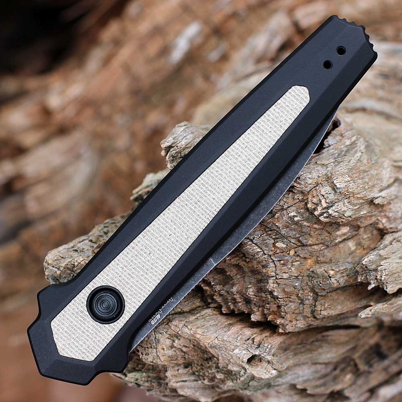 Kershaw Launch 15 Auto (7950) 3.5" CPM-MagnaCut Blackwashed Spear Point Plain Blade, Black Aluminum Handle w/ Tan Micarta Inserts