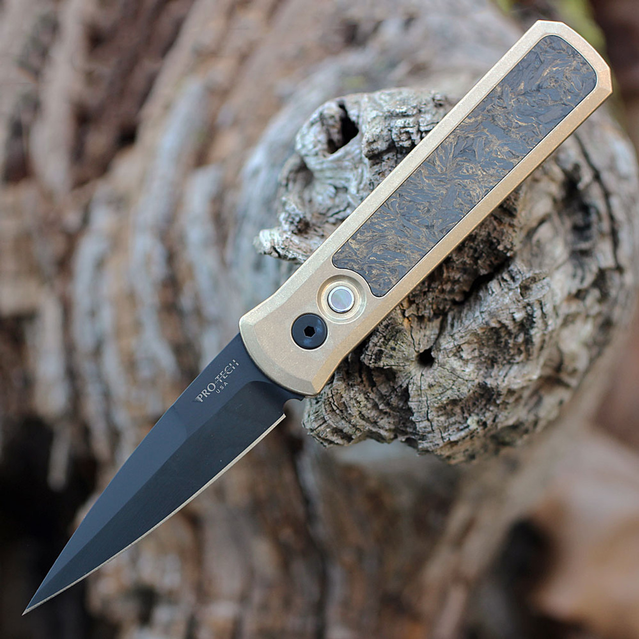 Pro-Tech Godson 2023 Automatic (2023 GS 002) - 3.15" 154CM Black Spear Point Blade, AlBronze Handle with FatCarbon "Dark Matter Gold" Inlays w/Pearl Push Button.