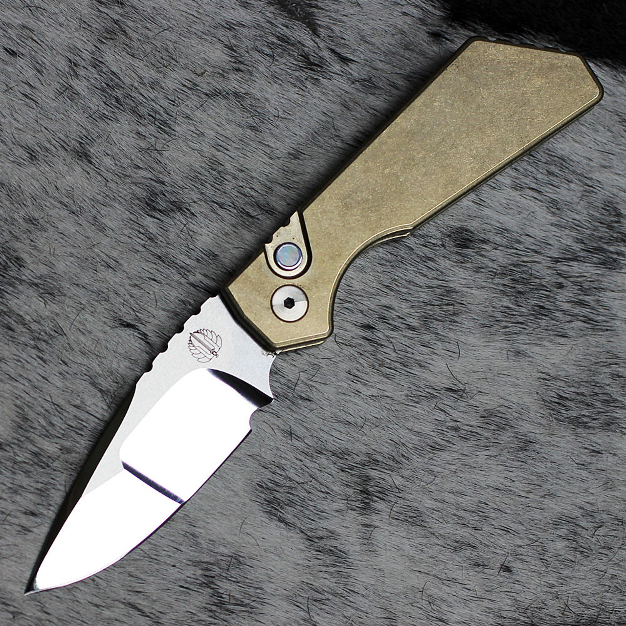 Pro-Tech 2023 Strider PT+.001 Custom - 3.94" CPM-154CM Hand Mirror Polished Drop Point Mike Irie Compound Ground Drop Point Blade, Stonewashed Finished Solid AlBronze Handle with Mother of Pearl Push Button