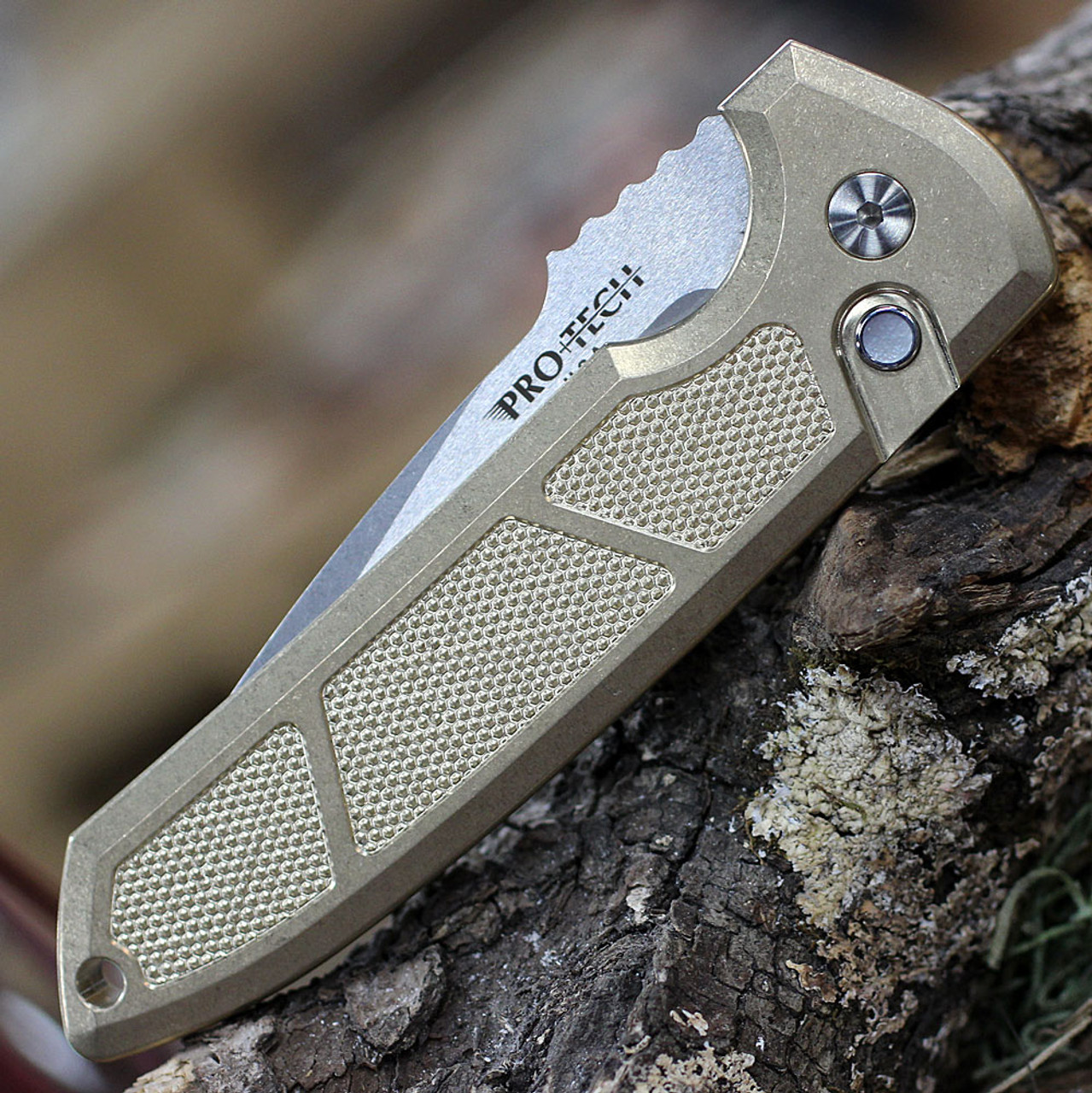 Pro-Tech Les George Rockeye Automatic Knife (LG334) - 3.4" CPM-S35VN Stonewash Drop Point Plain Blade, Textured AlBronze Handle with Mother of Pearl Push Button