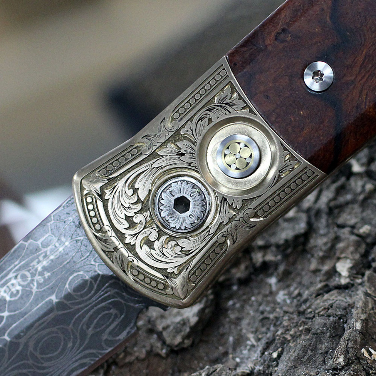 Pro-Tech Ultimate Godson 2023 Automatic (2023 GS 001) - 3.15" Vegas Forged Damascus Spear Point Blade, AlBronze Handle Engraved by Bottega Incisioni with Ironwood Inlay Handle