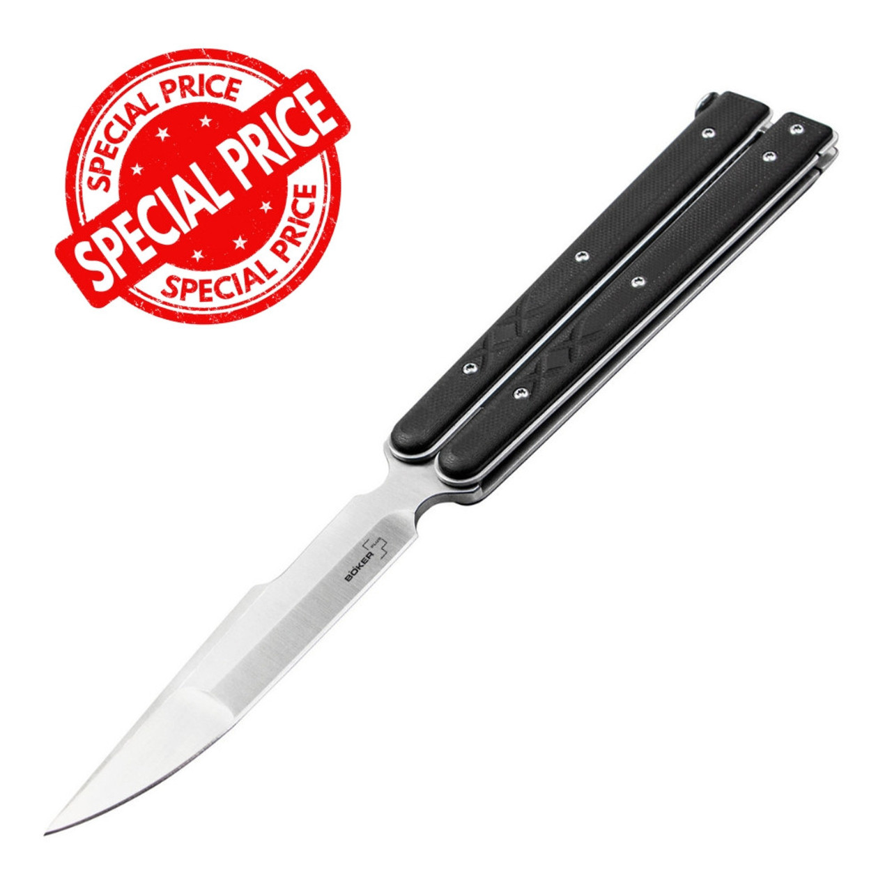 Boker Plus Balisong Large Tactical (06EX229) 4.21" D2 Satin Drop Point Plain Blade, Black G-10 Handle