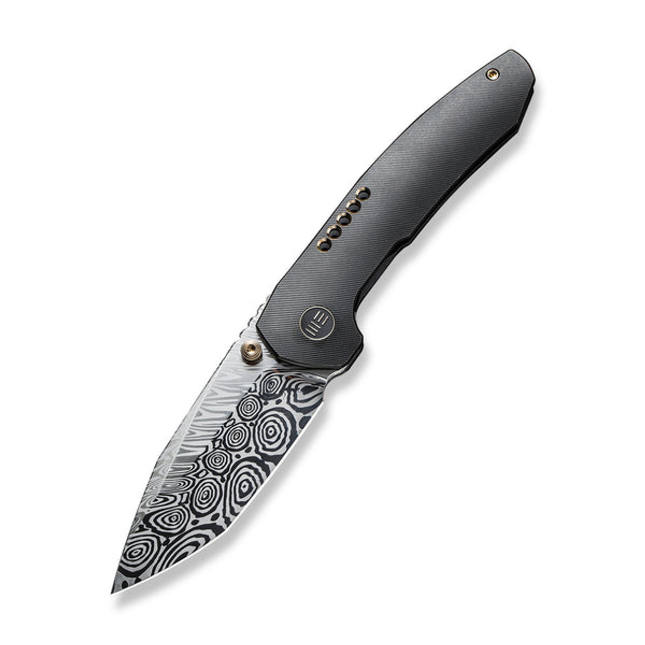 We Knives Trogon (WE22002B-DS1) 3.2" Heimskringla Damasteel Spear Point Blade, Black Titanium Handle