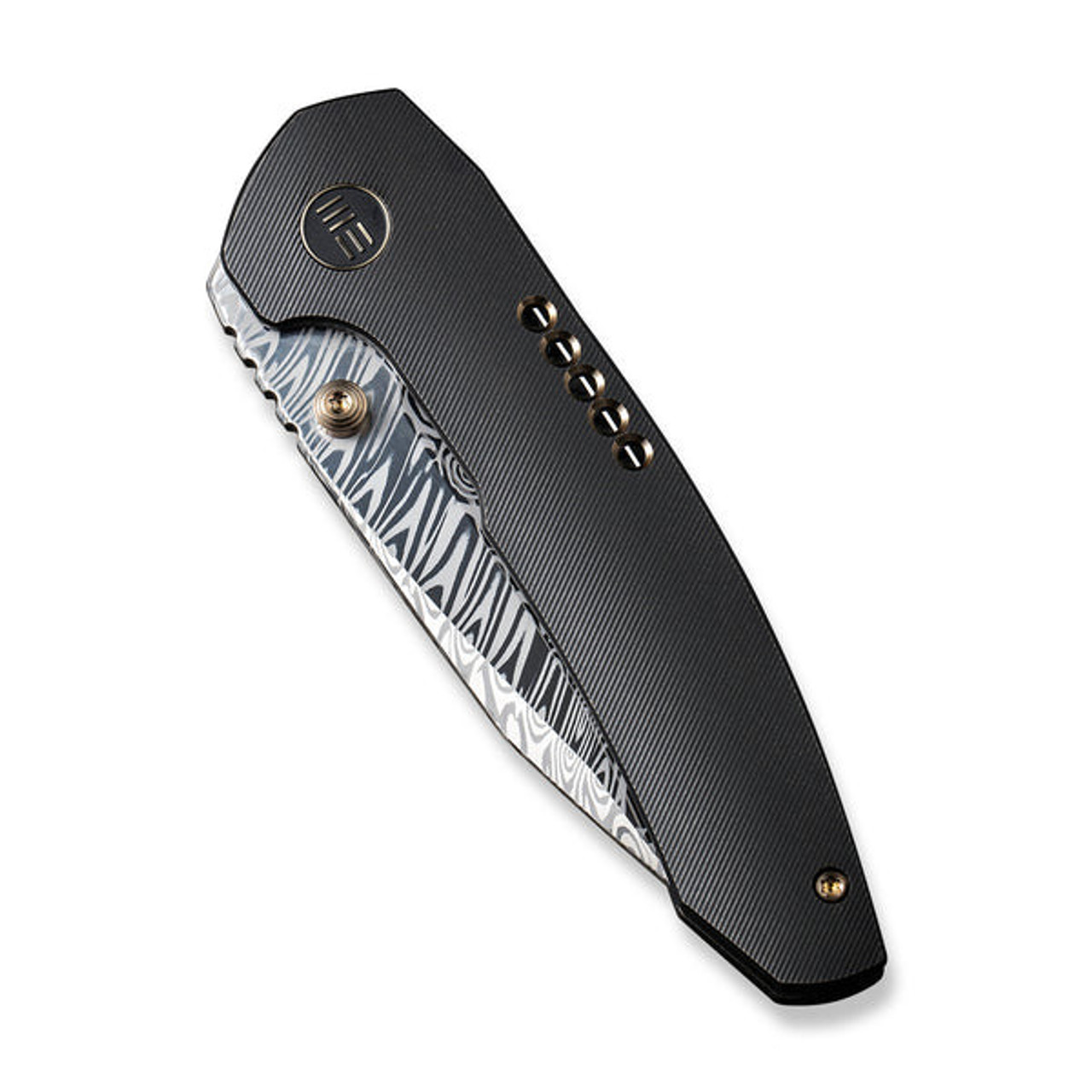 We Knives Trogon (WE22002B-DS1) 3.2" Heimskringla Damasteel Spear Point Blade, Black Titanium Handle