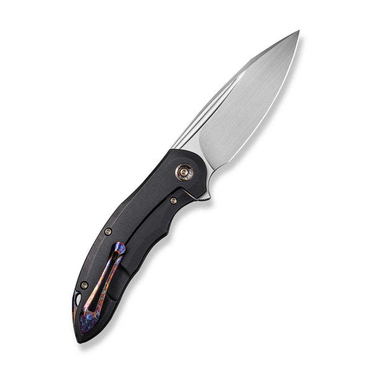 We Knives Makani (WE21048B-1) 3.61" Hand Rubbed Satin CPM-20CV Drop Point Plain Blade, Black Titanium Handle with Copper Foil Carbon Fiber Inlay