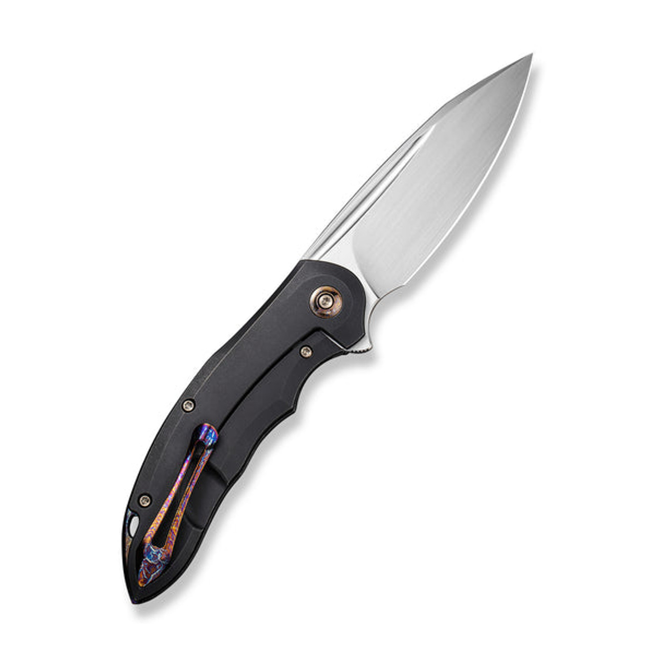 We Knives Makani (WE21048B-3) 3.61" Hand Rubbed Satin CPM-20CV Drop Point Plain Blade, Black Titanium Handle with Flamed Titanium Inlay