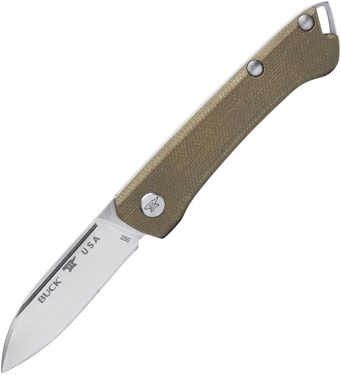 Buck Knives Saunter Folding Knife (BU250GRS) 2.375" Satin 154CM Drop Point Plain Blade, OD Green Micarta Handle