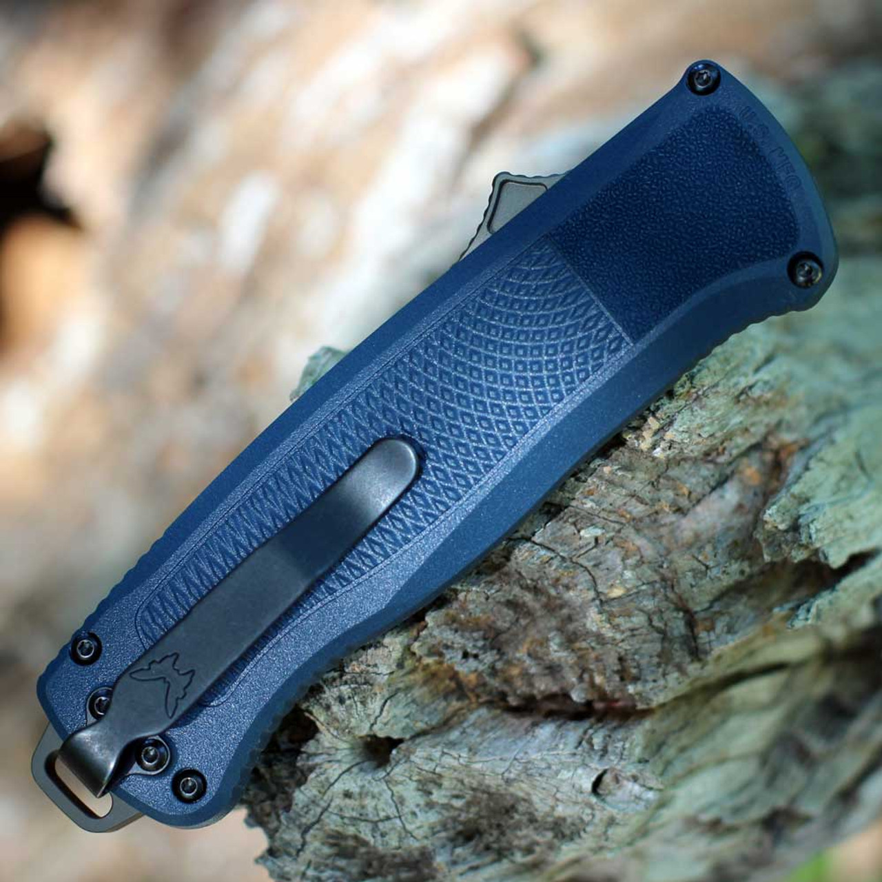 Benchmade Shootout OTF Automatic (5370FE-01)  3.51" CPM-CruWear Flat Dark Earth Tanto Plain Blade, Crater Blue Grivory Handle