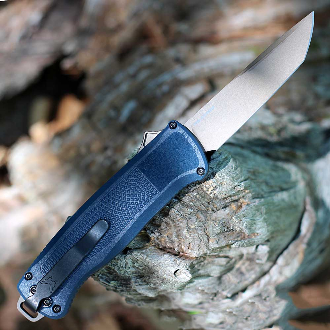 Benchmade Shootout OTF Automatic (5370FE-01)  3.51" CPM-CruWear Flat Dark Earth Tanto Plain Blade, Crater Blue Grivory Handle