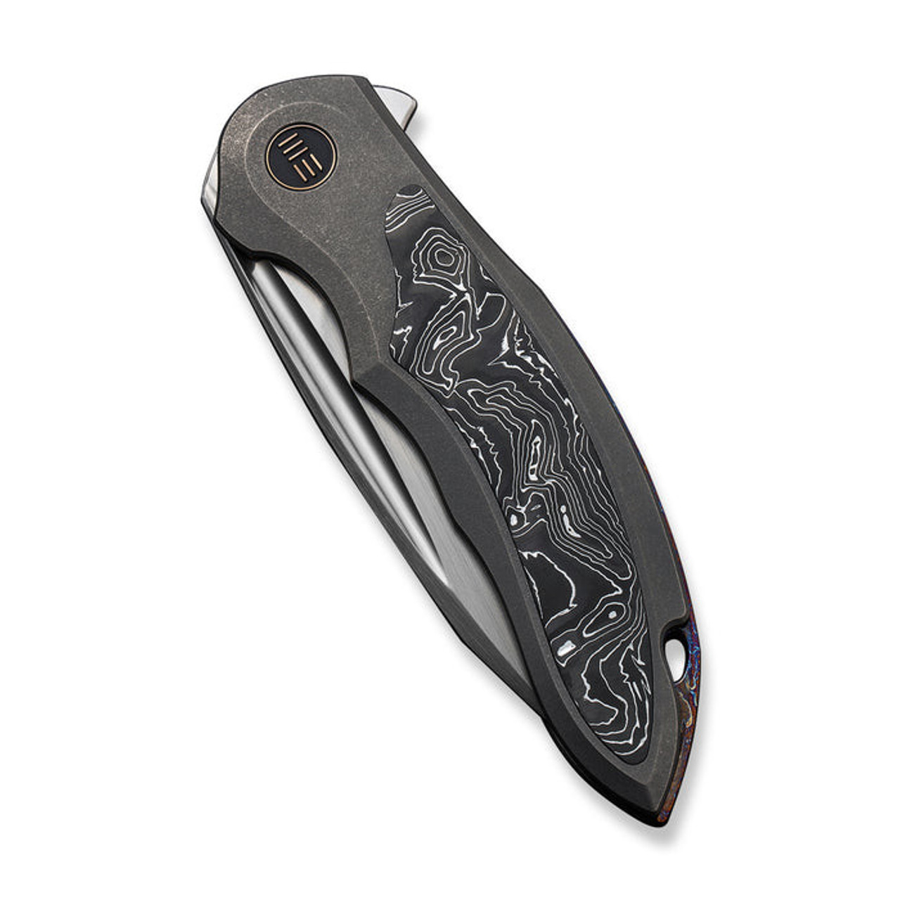 We Knives Makani (WE21048B-2) 3.61" Hand Rubbed Satin CPM-20CV Drop Point Plain Blade, Gray Titanium Handle with Aluminum Foil Carbon Fiber Inlay