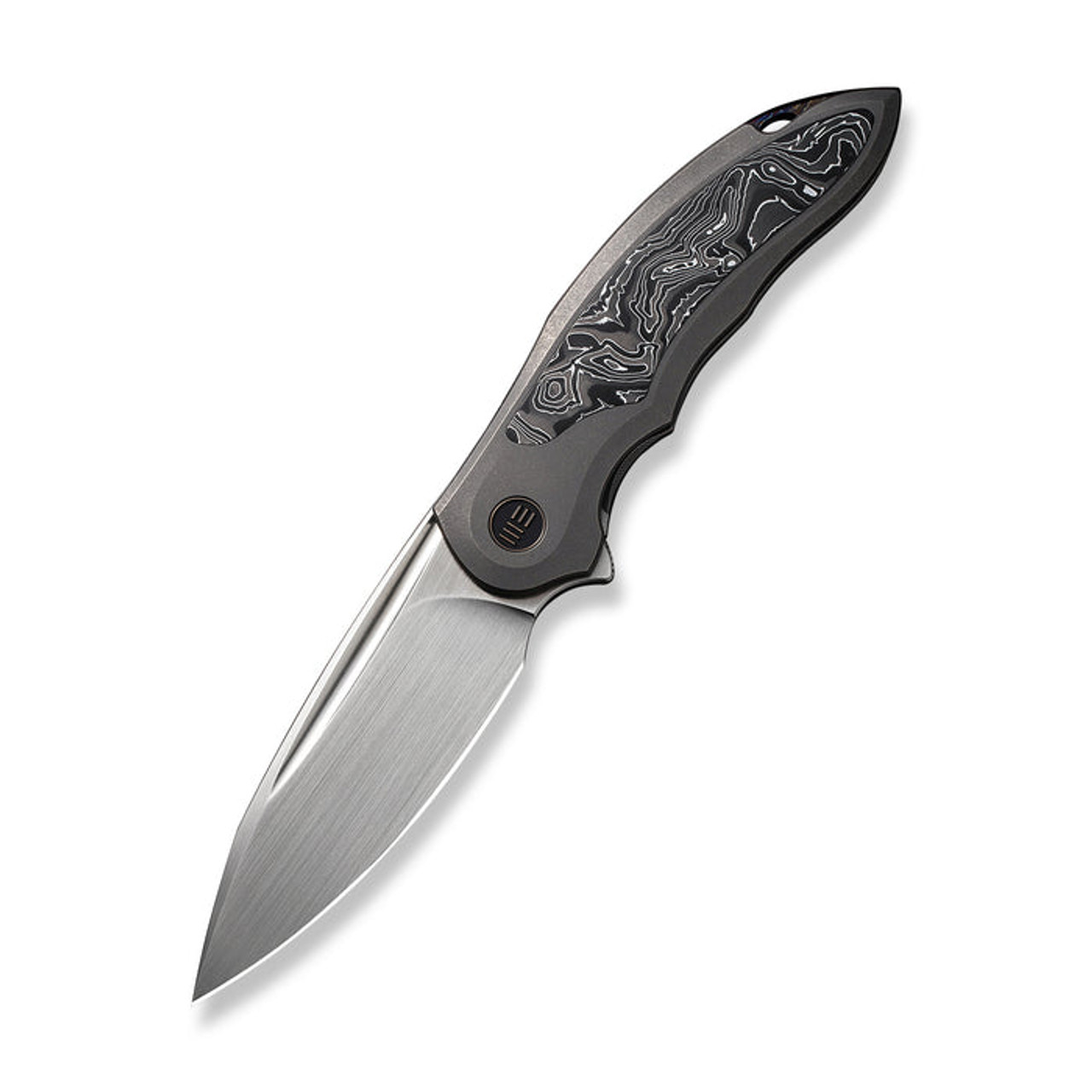 We Knives Makani (WE21048B-2) 3.61" Hand Rubbed Satin CPM-20CV Drop Point Plain Blade, Gray Titanium Handle with Aluminum Foil Carbon Fiber Inlay