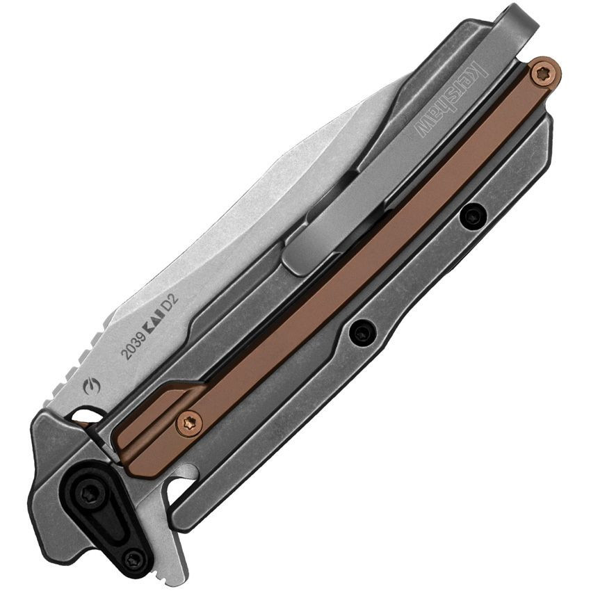 Detailed view of the Kershaw 2039 Frontrunner handle construction showing stainless steel, G10 components, and bronze accents.