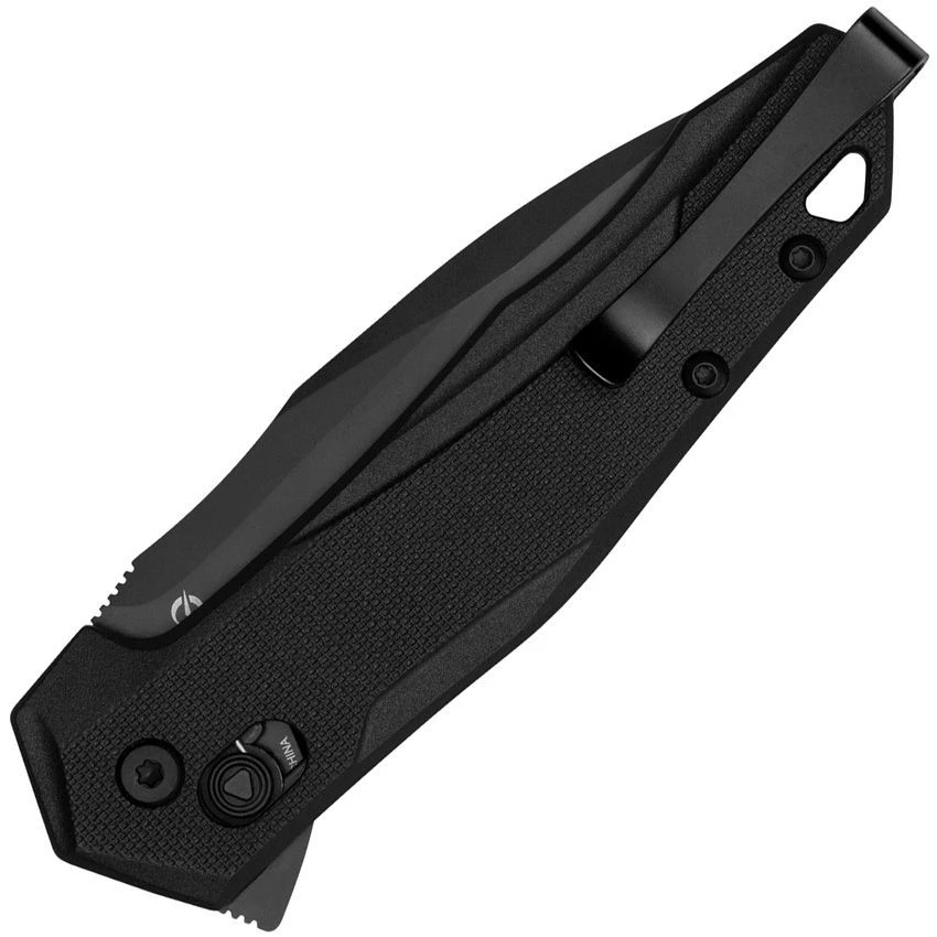 Close-up of the Kershaw 2041 Monitor black GFN handle highlighting the DuraLock crossbar and flipper tab.