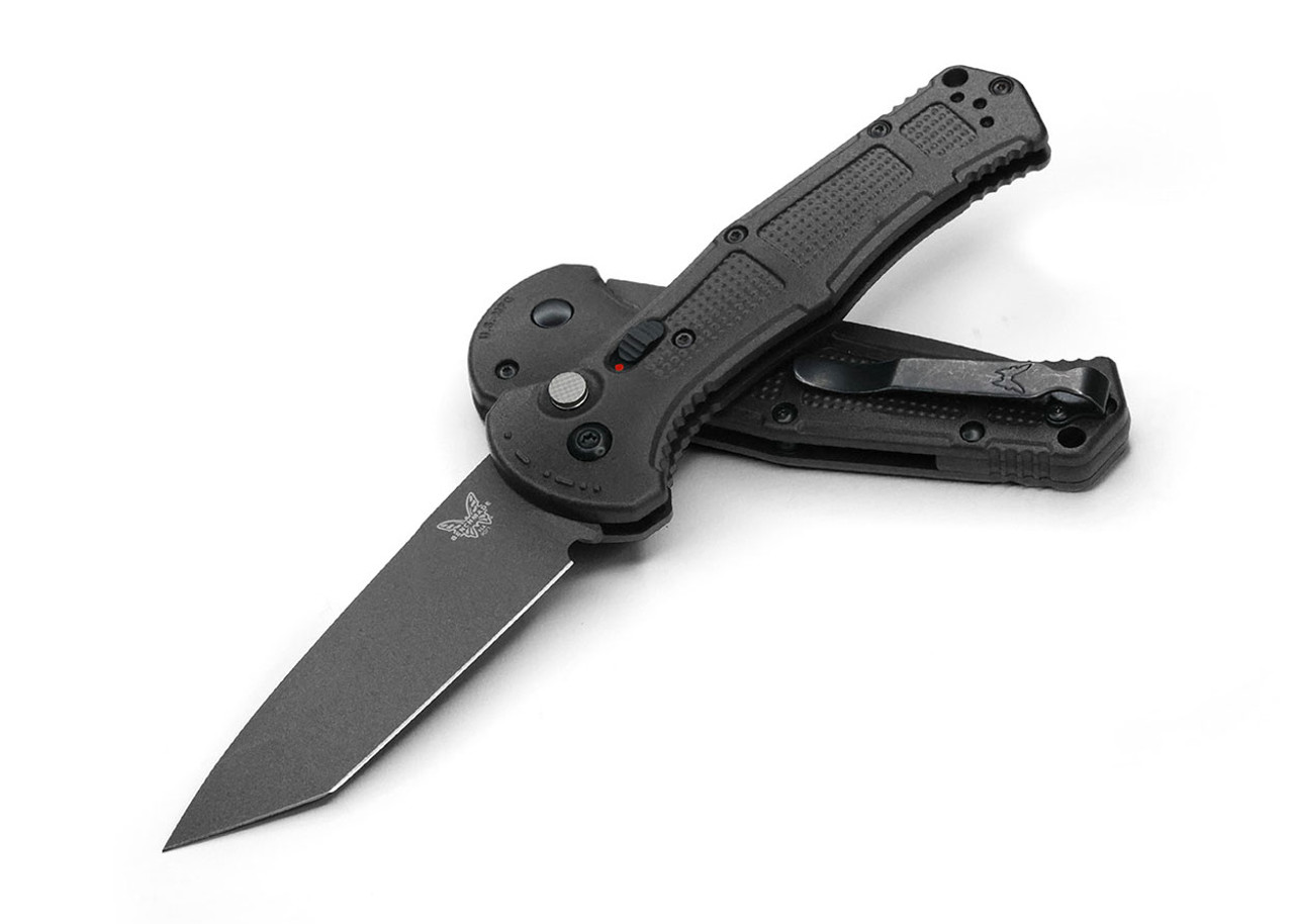 Benchmade Claymore Automatic Knife (9071BK)- 3.60" CPM-D2 Black Cerakote Tanto Plain Blade, Black Textured Grivory Handle