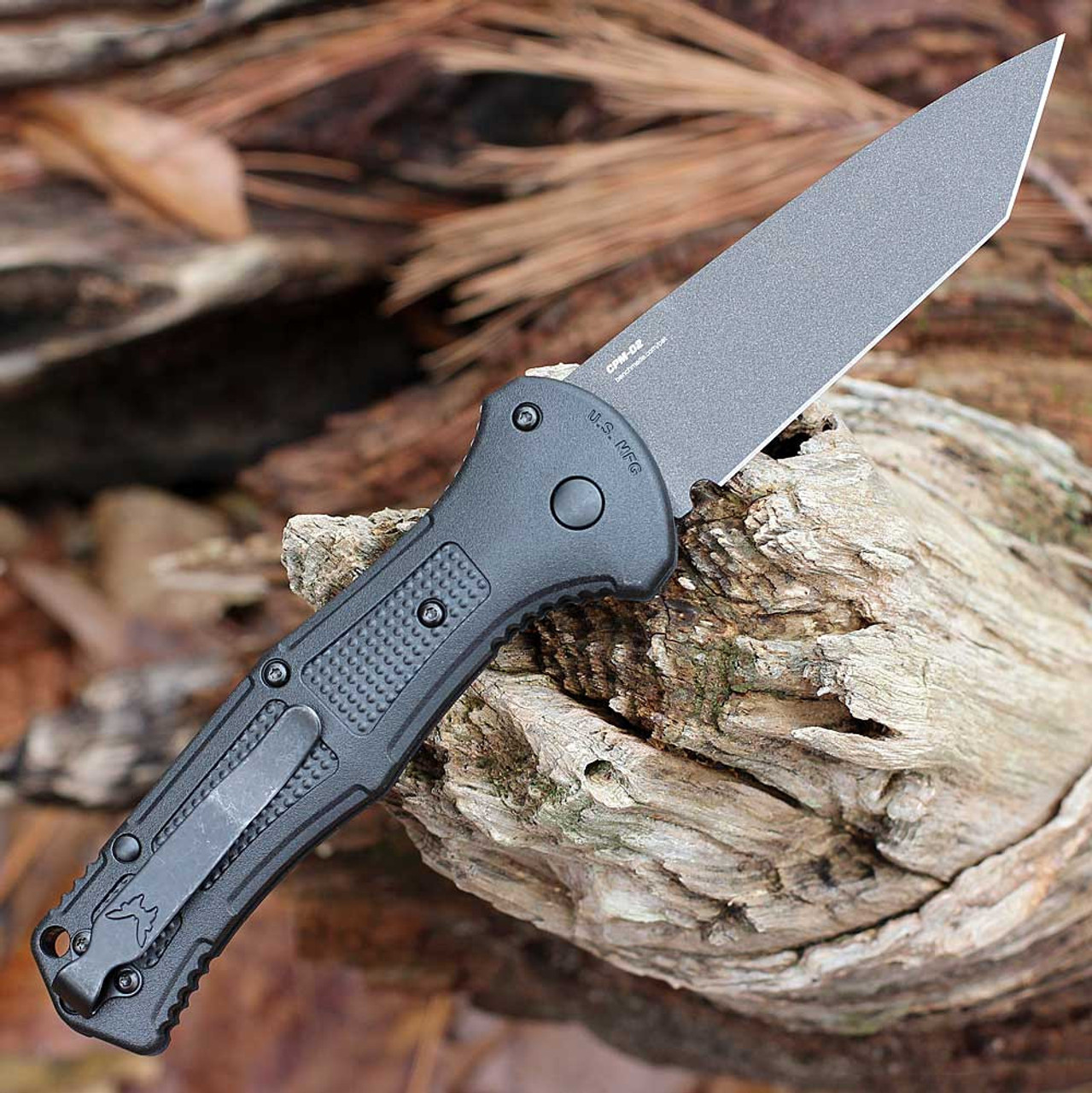 Benchmade Claymore Automatic Knife (9071BK)- 3.60" CPM-D2 Black Cerakote Tanto Plain Blade, Black Textured Grivory Handle