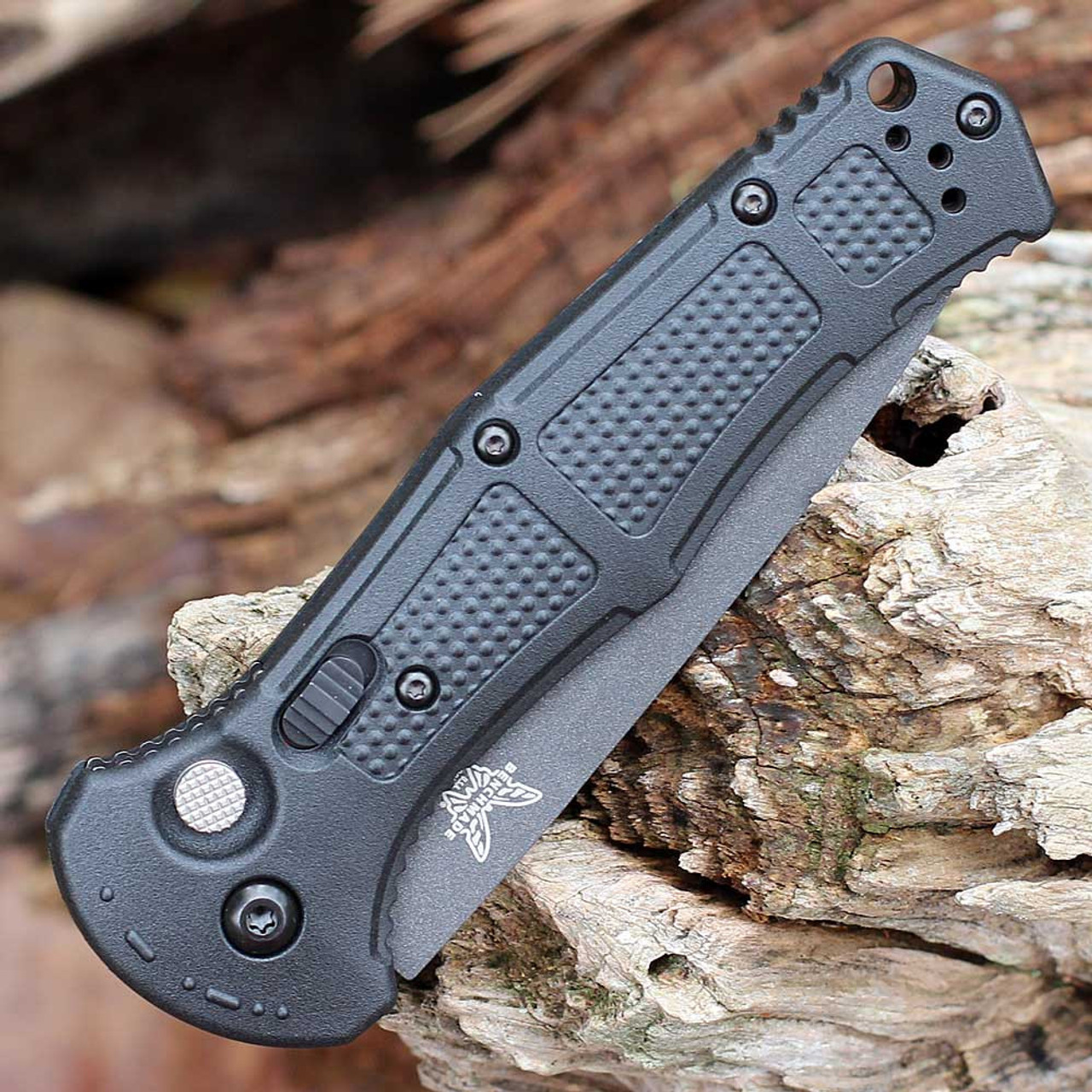 Benchmade Claymore Automatic Knife (9071BK)- 3.60" CPM-D2 Black Cerakote Tanto Plain Blade, Black Textured Grivory Handle