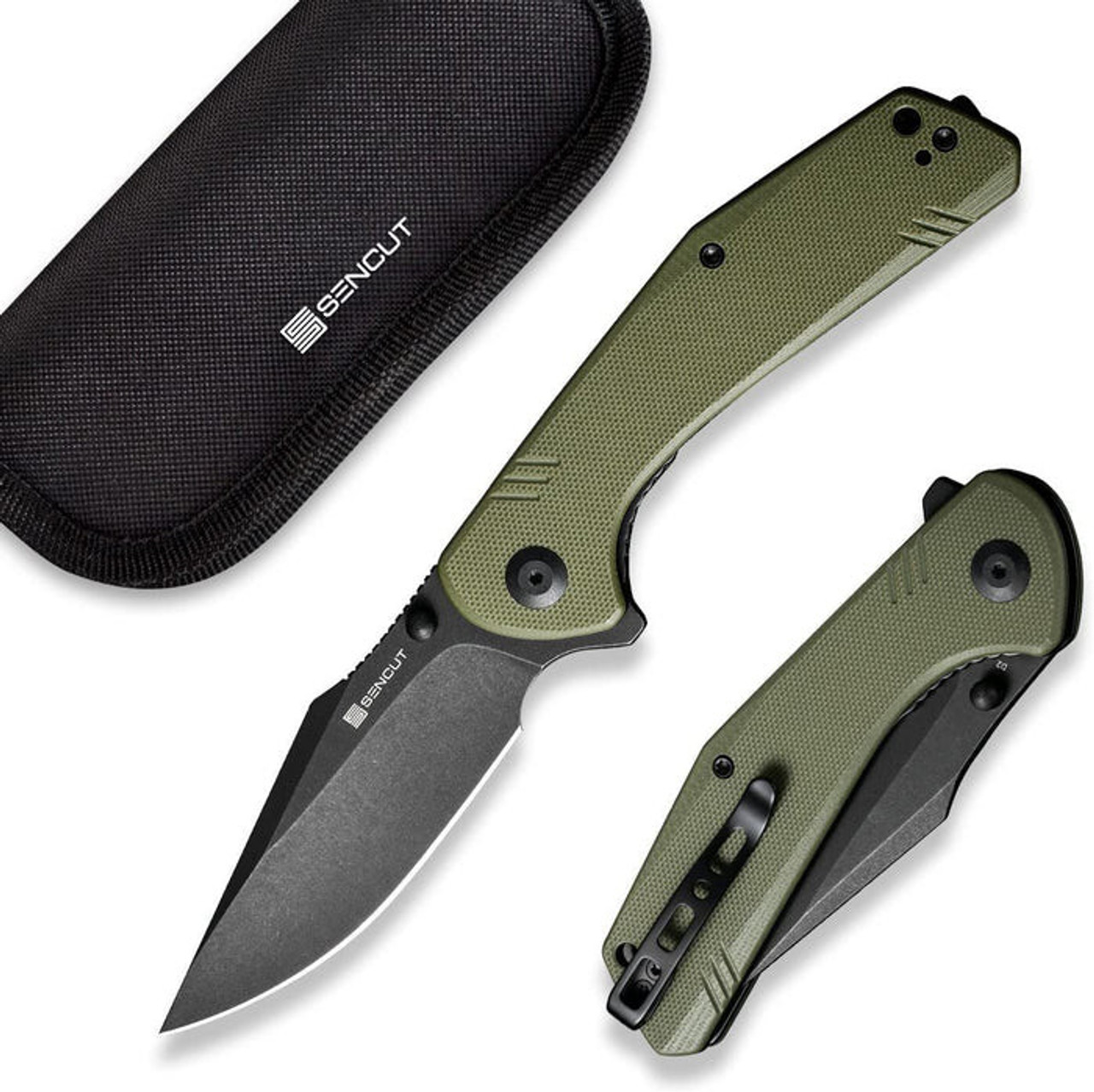 Sencut Actium Flipper (SA0ED) 3.46" Black Stonewashed D2 Drop Point Plain Blade, Green G-10 Handle