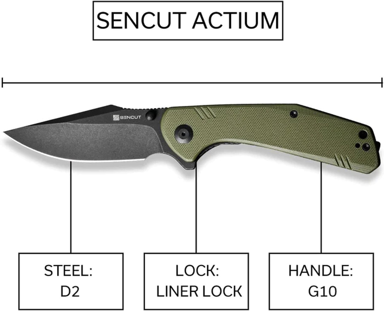 Sencut Actium Flipper (SA0ED) 3.46" Black Stonewashed D2 Drop Point Plain Blade, Green G-10 Handle