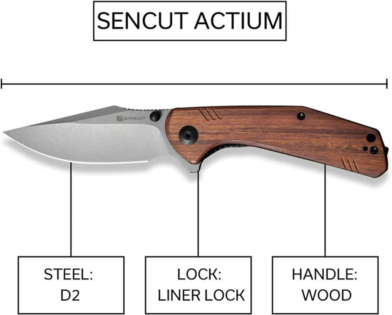Sencut Actium Flipper (SA02F) 3.46" Black Stonewashed D2 Drop Point Plain Blade, Cuibourtia Wood Handle