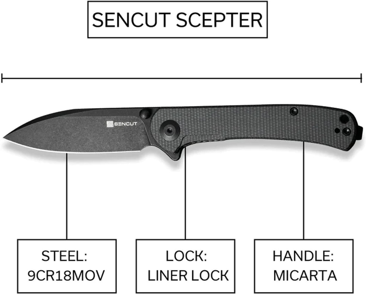 Sencut Scepter Flipper (SA03G) 3.48"  Black Stonewashed 9Cr18MoV Drop Point Plain Blade, Dark Green Canvas Micarta Handle