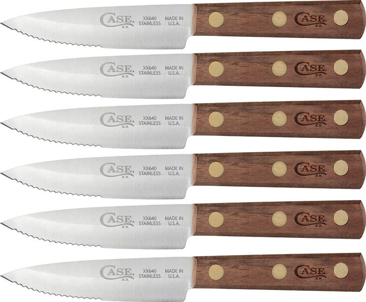 Case 6PC Steak Knife Set (11078) - 4" Stainless Steel Satin Blades, Smooth Walnut Handles with Brass Rivets