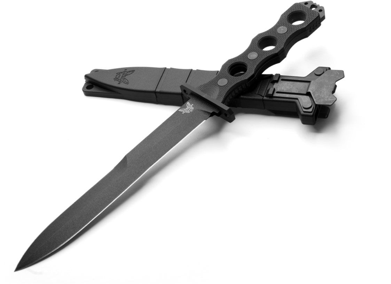 Benchmade SOCP Fixed Blade Knife (185BK)- CPM-3V Cobalt Black Cerakote Dagger Plain Blade, Black Peel Ply G-10 Handle
