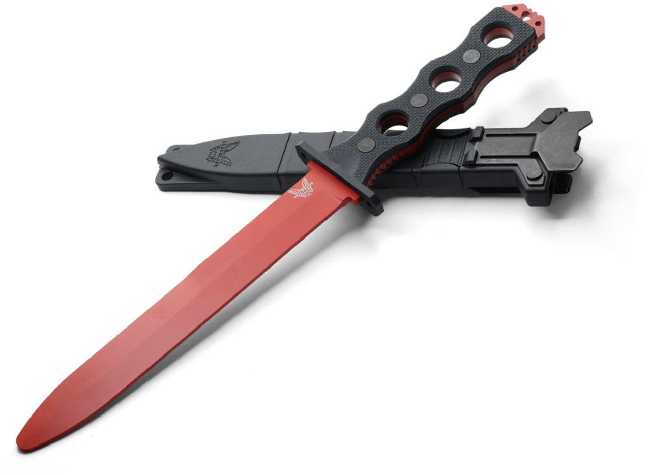 Benchmade SOCP Fixed Blade Knife (185T)- 440C Red Cerakote Dagger Plain Blade, Black Peel Ply G-10 Handle